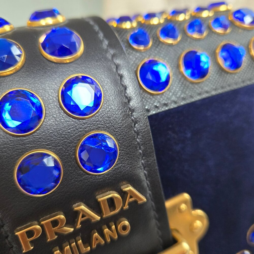 Prada Cahier Navy Blue Velvet City Calf Saffiano Leather Crystal Handbag Bag - Picture 6 of 12